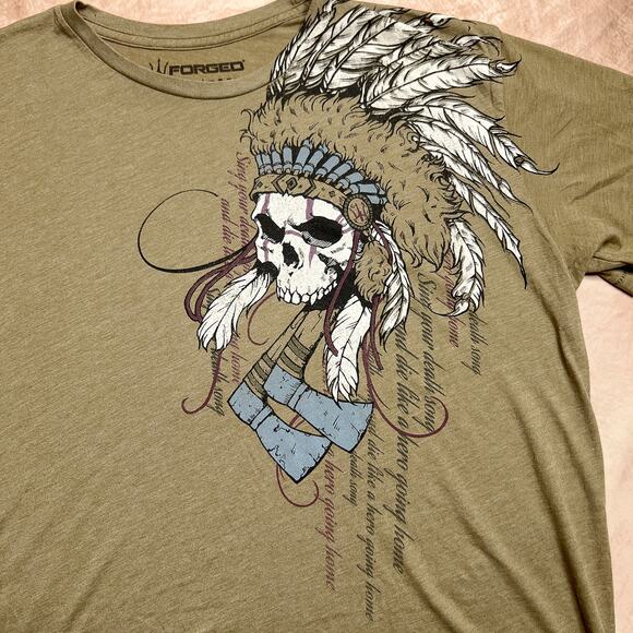 Forged Skull Headdress Tomahawk Print T-Shirt Khaki Green Short Sleeve Indie Y2K - Picture 2 of 5